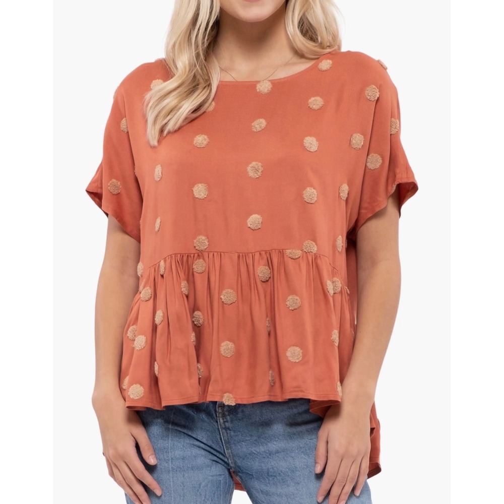 Blu Pepper Rust Pom Pom Polka Dot Babydoll Peplum Top Size Small